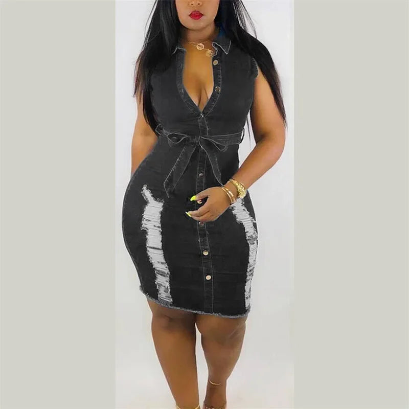 Fashion High Waist Lace-up Denim Dresses Women Lapel Sleeveless Slim Fit Dress Casual Single-breasted Cardigan Female Frock 2024