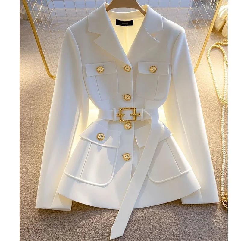 Women Blazer Coat New 2026 Autumn Long Sleeve Single Breasted Belt Pocket Elegant Office Ladies Suit Jacket Lady Outerwear Tops