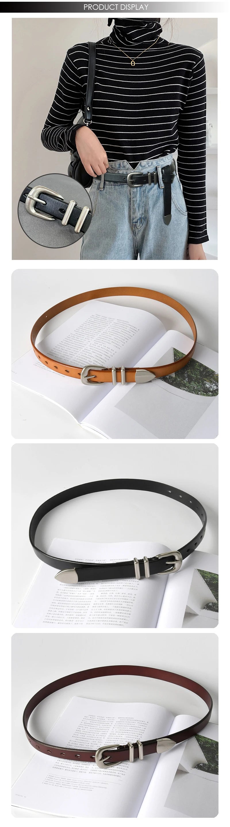 VATLTY 2.3cm Leather Belt for Women Zinc Alloy Silver Buckle Natural Cowhide Casual Belt Genuine Leather Thin Belt Female
