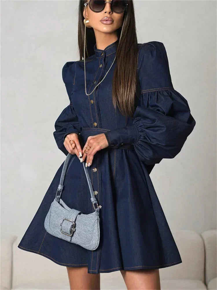 Denim Dresses Women Autumn Fashion Vintage Lace Up Long Sleeve Mini Dress Street Trendy High Waist Elegant Dress
