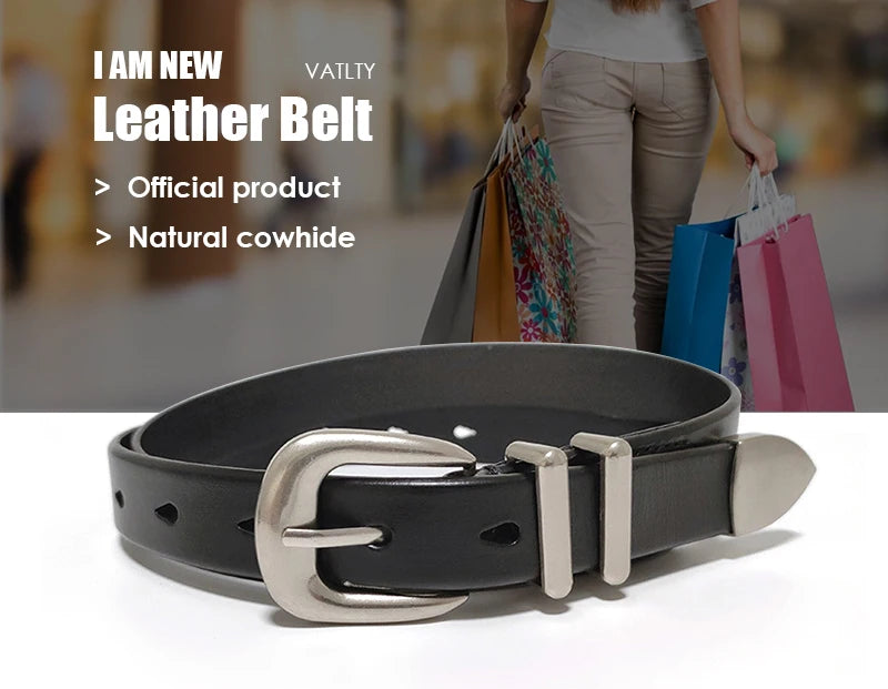VATLTY 2.3cm Leather Belt for Women Zinc Alloy Silver Buckle Natural Cowhide Casual Belt Genuine Leather Thin Belt Female