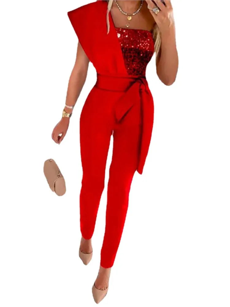 Elegant Women Sequins Patchwork Bodycon Jumpsuit