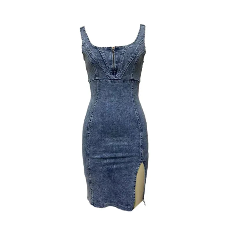 Vintage Slim Fit Denim Wrap Hip Dresses Women Casual Backless Suspenders Dress Female Front Back Zipper Split Hem Midi Gown 2024