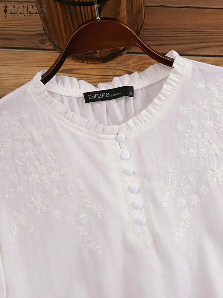 Summer Vintage Shirts Elegant OL Work Blouse Women 3/4 O Neck Sleeve Tops Embroidery Blusas Femme Causal Cotton Chemsie