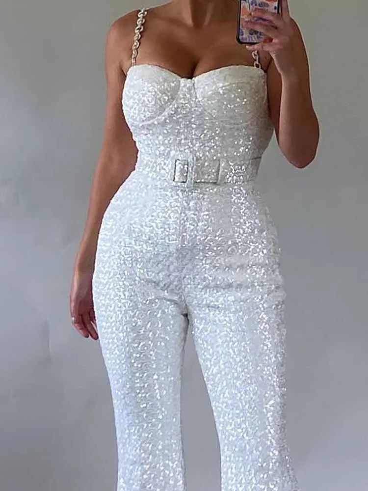 New Shiny Sequined Backless High waist Rompers Jumpsuit Casual Women's Off Shoulder