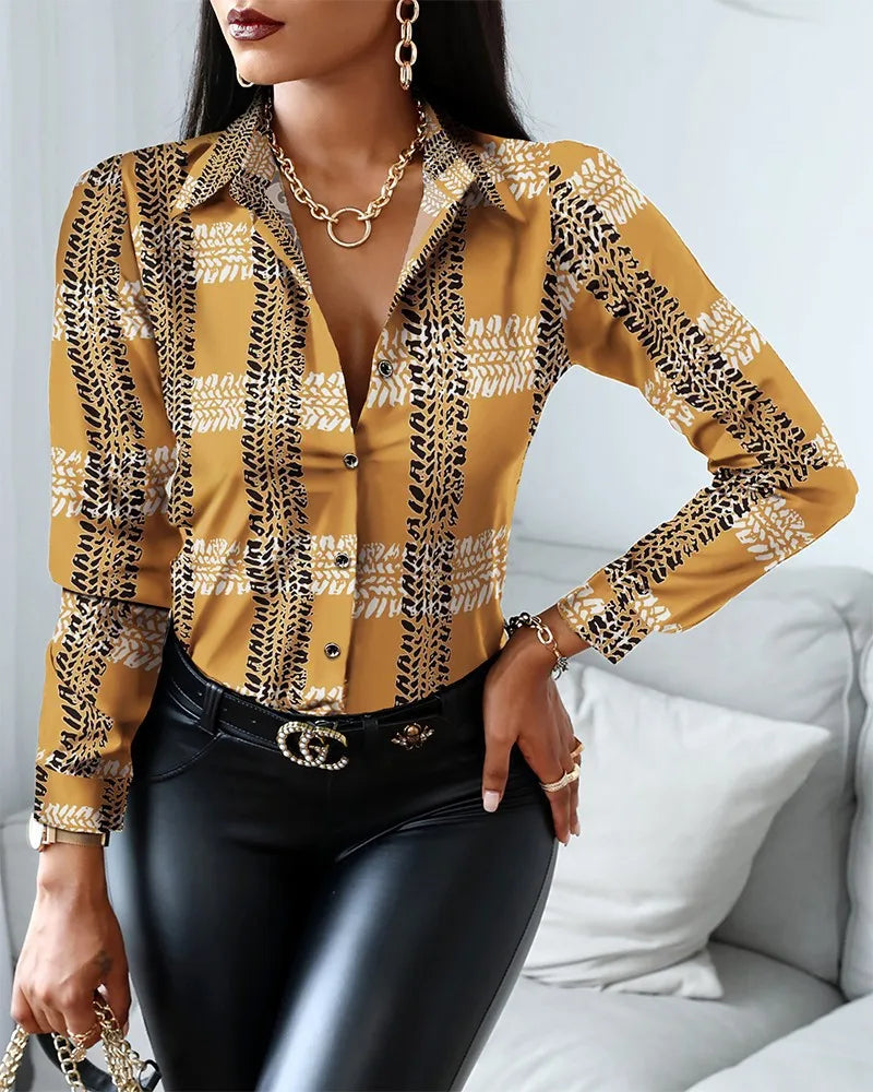 Women Fashion Wild Shirts Chain/Floral/Letter/Geometric Square Print Turn-Down Collar Long Sleeve Blouses