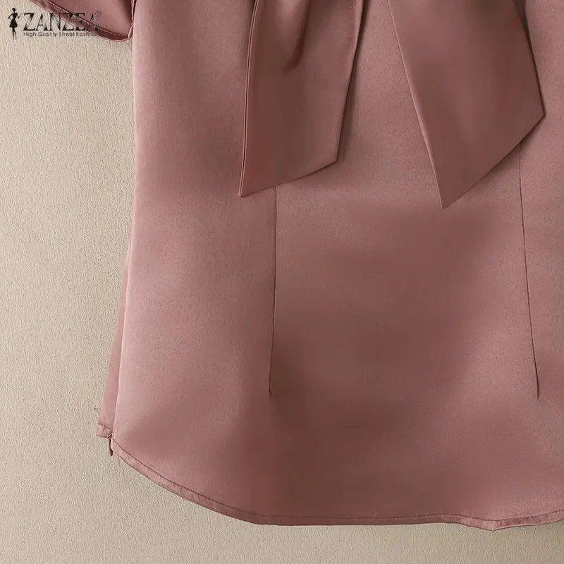 Women's Elegant Satin Blouses V-Neck Short Sleeve Knotted Bow Diamond Details Solid Color