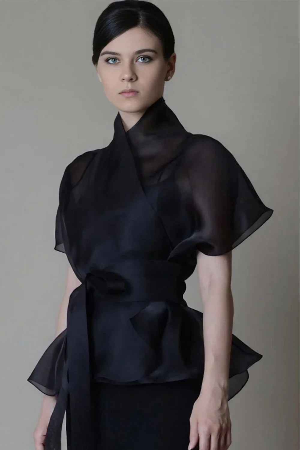 Women's Organza Blouse Lace Up See Through V Neck Stand Collar American Retro Elegant Office Lady Half Sleeve Top Blouses