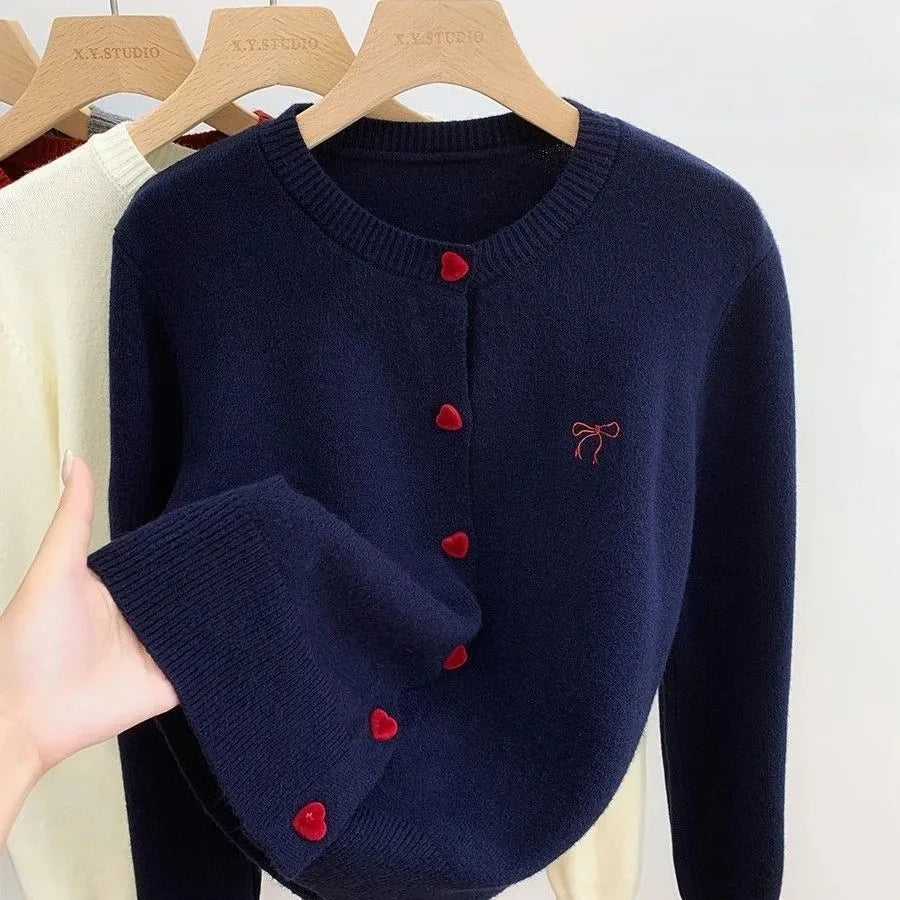 Omen's Clothing Vintage Love Button Knit Cardigan Autumn/Winter Fashion All-match Bowknot Embroidery Sweaters Lady Elegant Tops