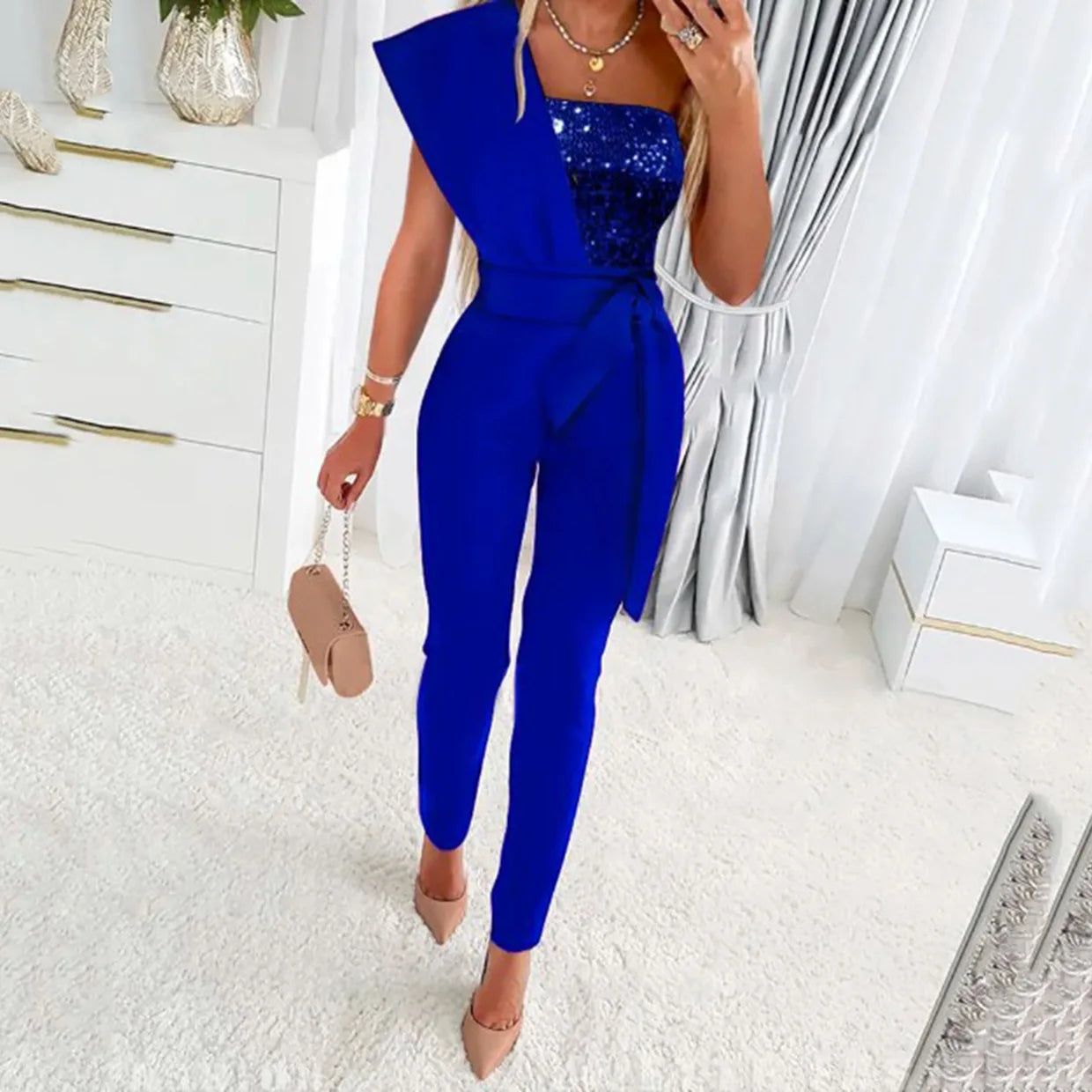Elegant Women Sequins Patchwork Bodycon Jumpsuit