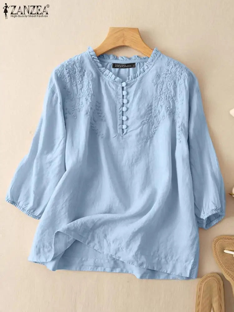 Summer Vintage Shirts Elegant OL Work Blouse Women 3/4 O Neck Sleeve Tops Embroidery Blusas Femme Causal Cotton Chemsie