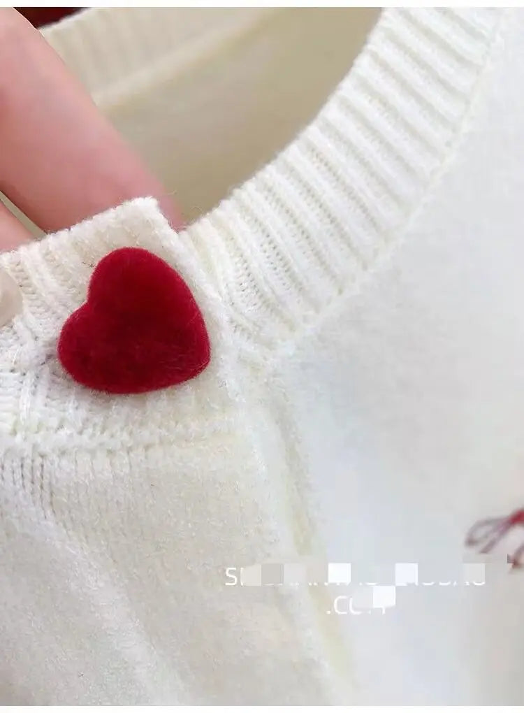 Omen's Clothing Vintage Love Button Knit Cardigan Autumn/Winter Fashion All-match Bowknot Embroidery Sweaters Lady Elegant Tops