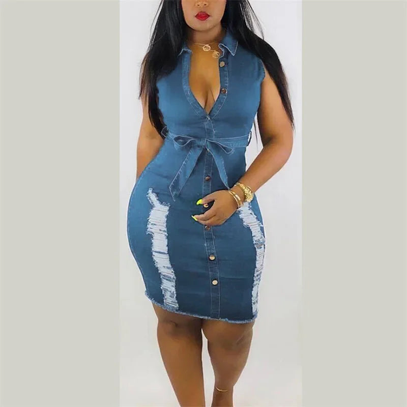 Fashion High Waist Lace-up Denim Dresses Women Lapel Sleeveless Slim Fit Dress Casual Single-breasted Cardigan Female Frock 2024
