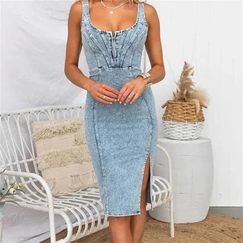 Vintage Slim Fit Denim Wrap Hip Dresses Women Casual Backless Suspenders Dress Female Front Back Zipper Split Hem Midi Gown 2024