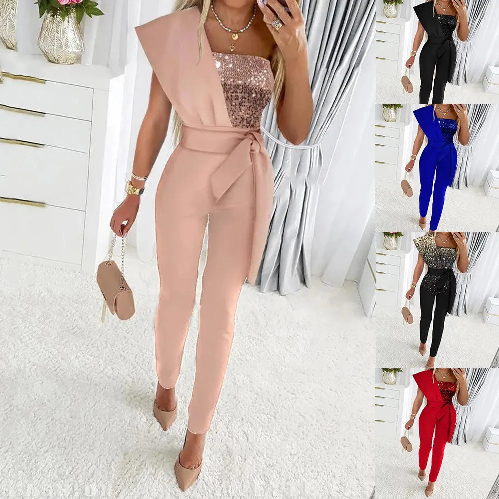 Elegant Women Sequins Patchwork Bodycon Jumpsuit