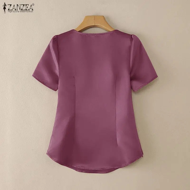 Women's Elegant Satin Blouses V-Neck Short Sleeve Knotted Bow Diamond Details Solid Color