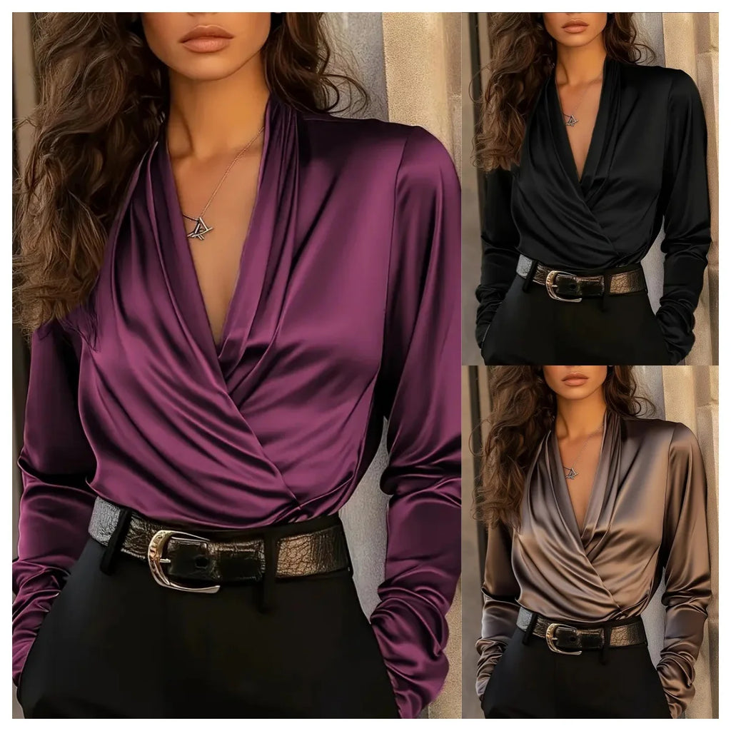 Sexy Deep V-neck Long-sleeved Women's Shirt Fashion Satin Drape Fabric Autumn