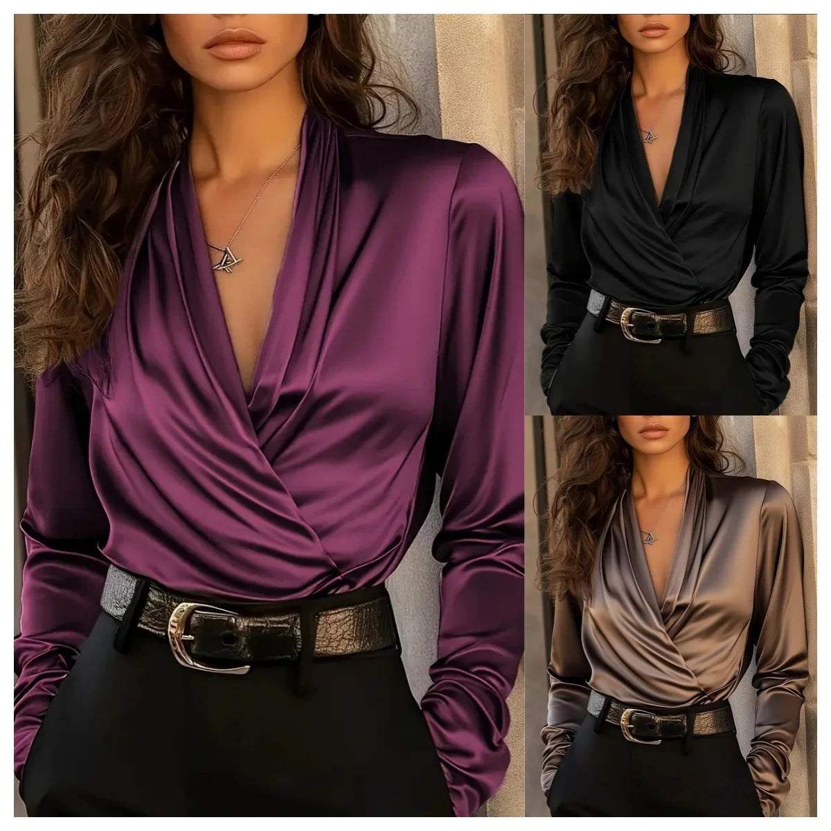 Sexy Deep V-neck Long-sleeved Women's Shirt Fashion Satin Drape Fabric Autumn