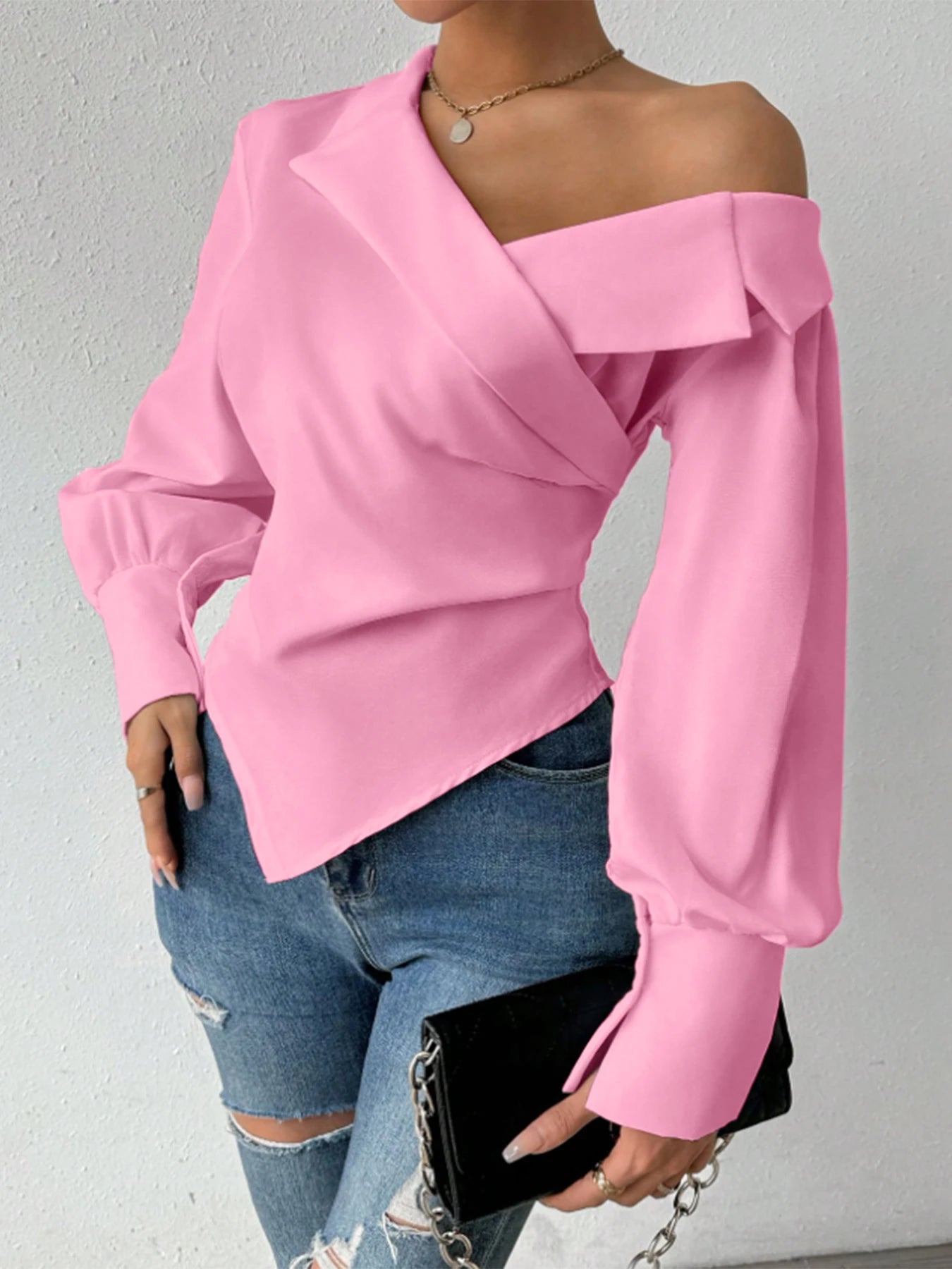 Women's T-Shirt Spring Summer Pink Off Shoulder Long Sleeve Cross Front Asymmetrical Hem Elegant Stylish Daily Casual Dating Top