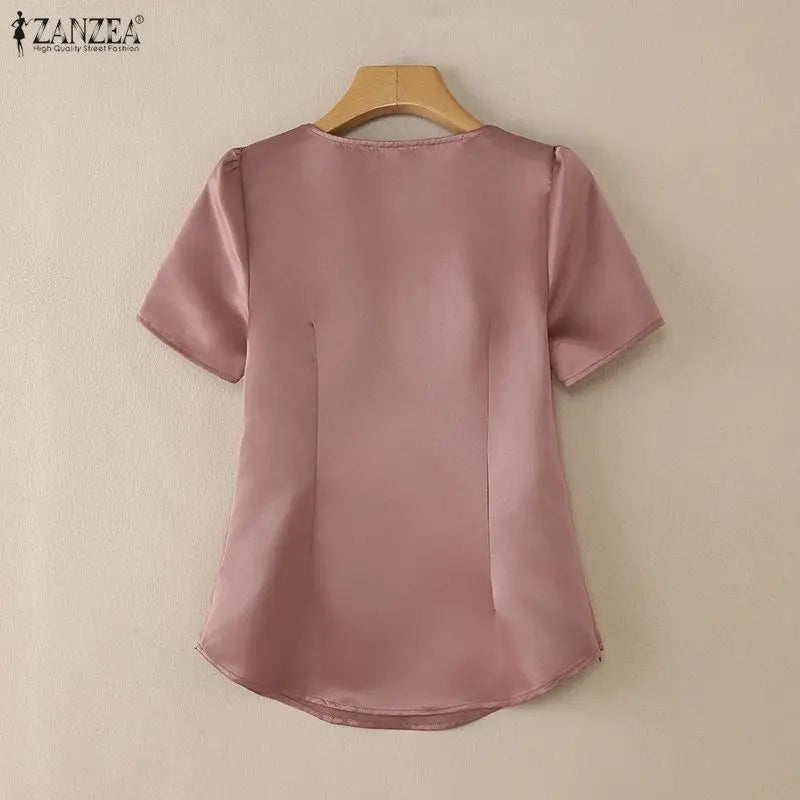 Women's Elegant Satin Blouses V-Neck Short Sleeve Knotted Bow Diamond Details Solid Color