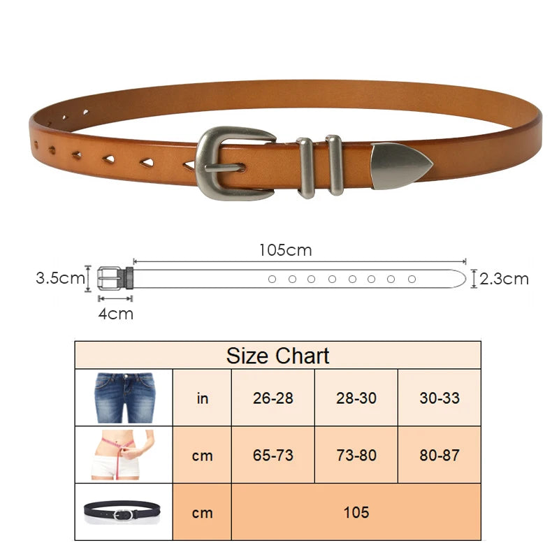 VATLTY 2.3cm Leather Belt for Women Zinc Alloy Silver Buckle Natural Cowhide Casual Belt Genuine Leather Thin Belt Female