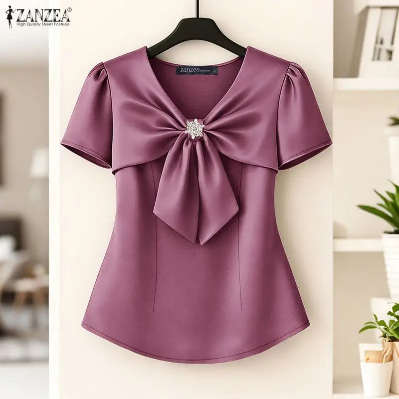 Women's Elegant Satin Blouses V-Neck Short Sleeve Knotted Bow Diamond Details Solid Color
