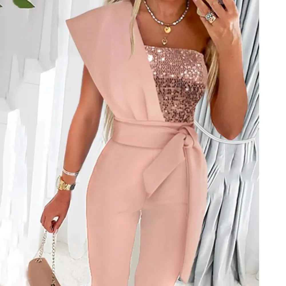Elegant Women Sequins Patchwork Bodycon Jumpsuit
