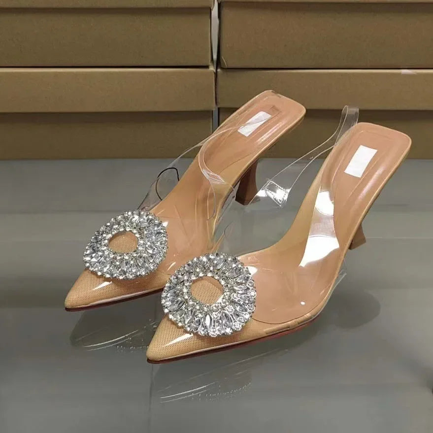 Fashionable Pointed Toe High Heels Diamond Embellished PVC Versatile Elegant Spring Summer New Arrival Single Shoes