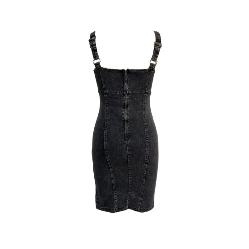 Vintage Slim Fit Denim Wrap Hip Dresses Women Casual Backless Suspenders Dress Female Front Back Zipper Split Hem Midi Gown 2024