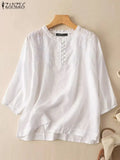 Summer Vintage Shirts Elegant OL Work Blouse Women 3/4 O Neck Sleeve Tops Embroidery Blusas Femme Causal Cotton Chemsie