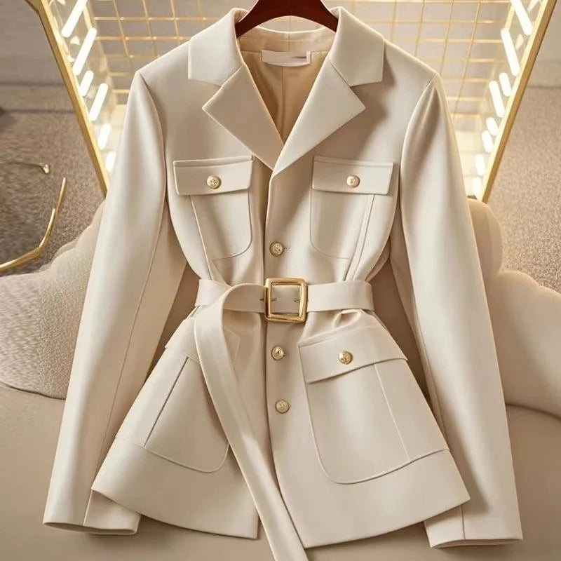 Women Blazer Coat New 2026 Autumn Long Sleeve Single Breasted Belt Pocket Elegant Office Ladies Suit Jacket Lady Outerwear Tops