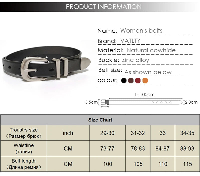 VATLTY 2.3cm Leather Belt for Women Zinc Alloy Silver Buckle Natural Cowhide Casual Belt Genuine Leather Thin Belt Female