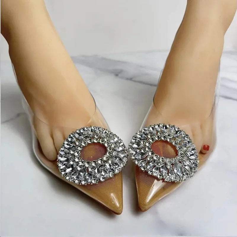Fashionable Pointed Toe High Heels Diamond Embellished PVC Versatile Elegant Spring Summer New Arrival Single Shoes