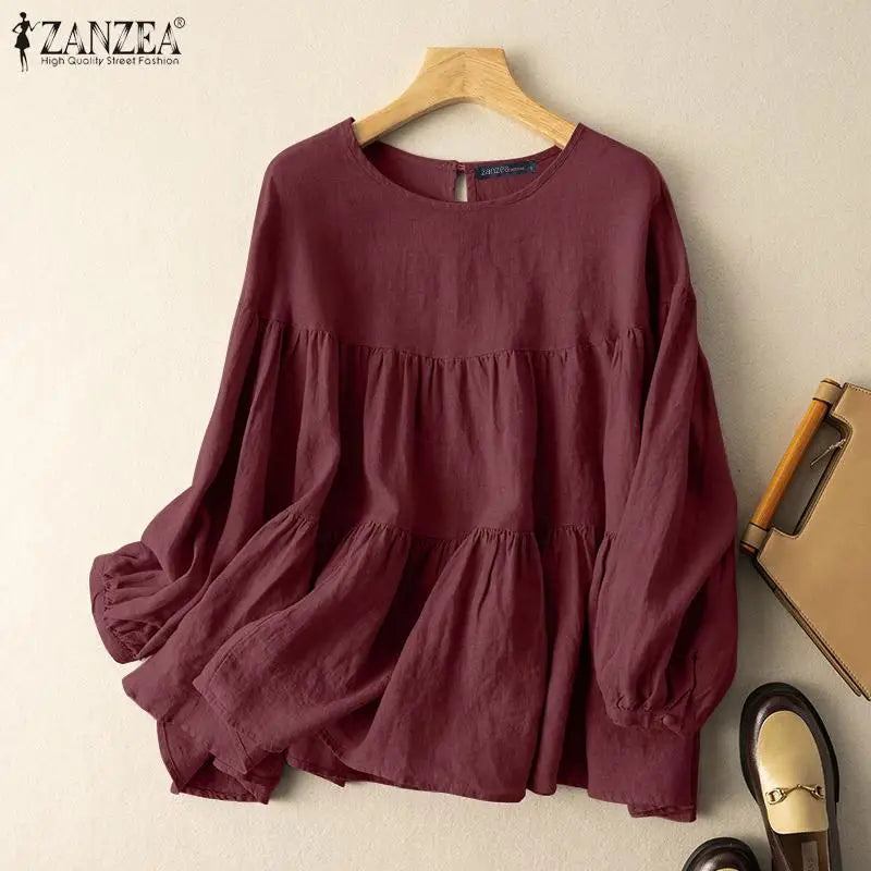 ZANZEA Autumn Vintage Cotton Blouse Woman Long Sleeve O-Neck Shirt Female Casual Solid Blusas Fashion Button Cuffs Chemise 2023