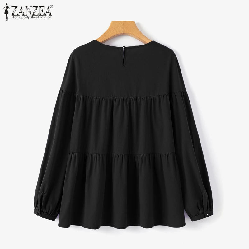 ZANZEA Autumn Vintage Cotton Blouse Woman Long Sleeve O-Neck Shirt Female Casual Solid Blusas Fashion Button Cuffs Chemise 2023