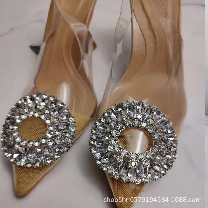 Fashionable Pointed Toe High Heels Diamond Embellished PVC Versatile Elegant Spring Summer New Arrival Single Shoes