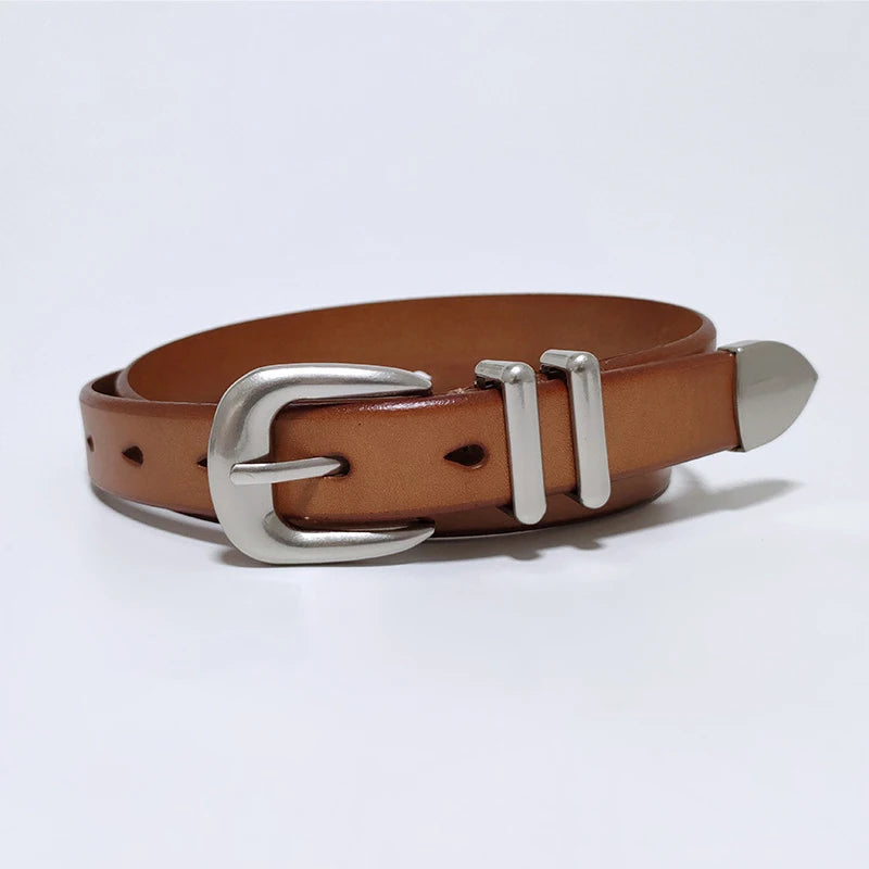 VATLTY 2.3cm Leather Belt for Women Zinc Alloy Silver Buckle Natural Cowhide Casual Belt Genuine Leather Thin Belt Female