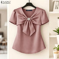 Women's Elegant Satin Blouses V-Neck Short Sleeve Knotted Bow Diamond Details Solid Color