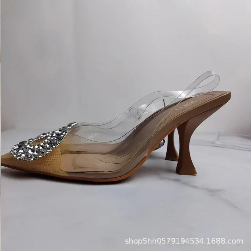 Fashionable Pointed Toe High Heels Diamond Embellished PVC Versatile Elegant Spring Summer New Arrival Single Shoes
