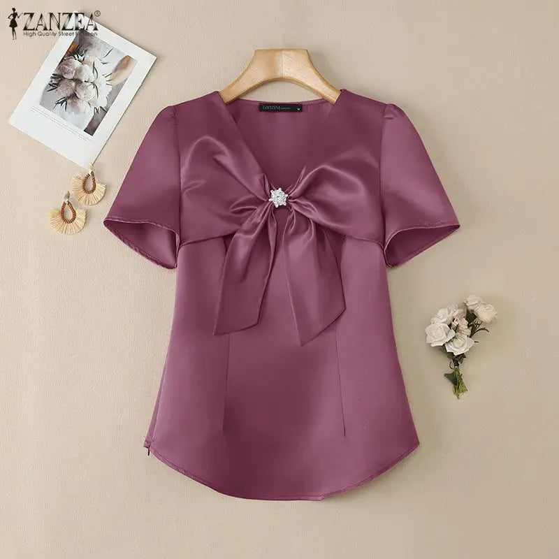 Women's Elegant Satin Blouses V-Neck Short Sleeve Knotted Bow Diamond Details Solid Color