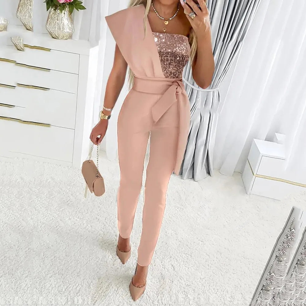 Elegant Women Sequins Patchwork Bodycon Jumpsuit