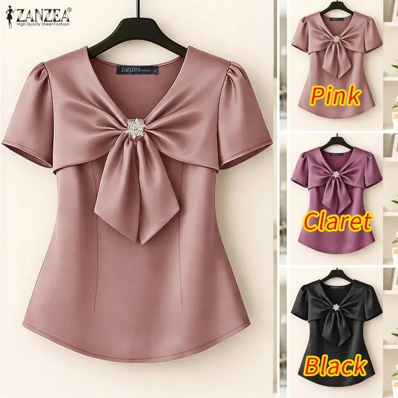 Women's Elegant Satin Blouses V-Neck Short Sleeve Knotted Bow Diamond Details Solid Color