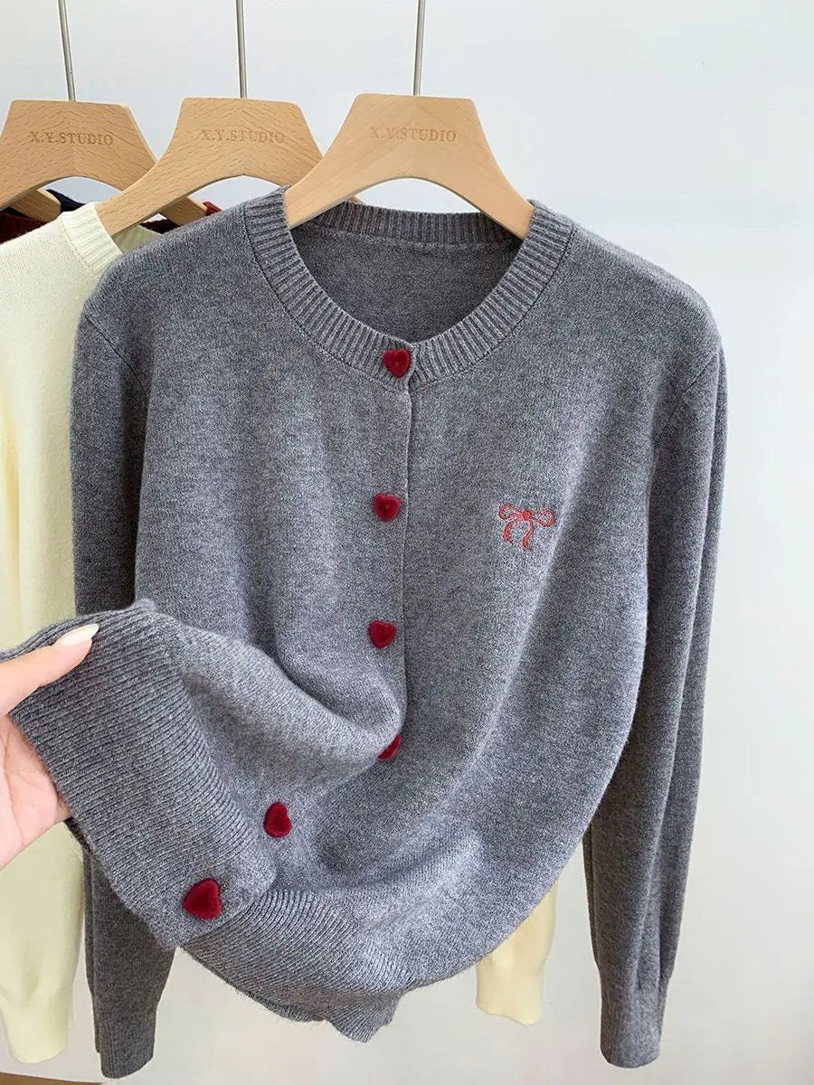 Omen's Clothing Vintage Love Button Knit Cardigan Autumn/Winter Fashion All-match Bowknot Embroidery Sweaters Lady Elegant Tops