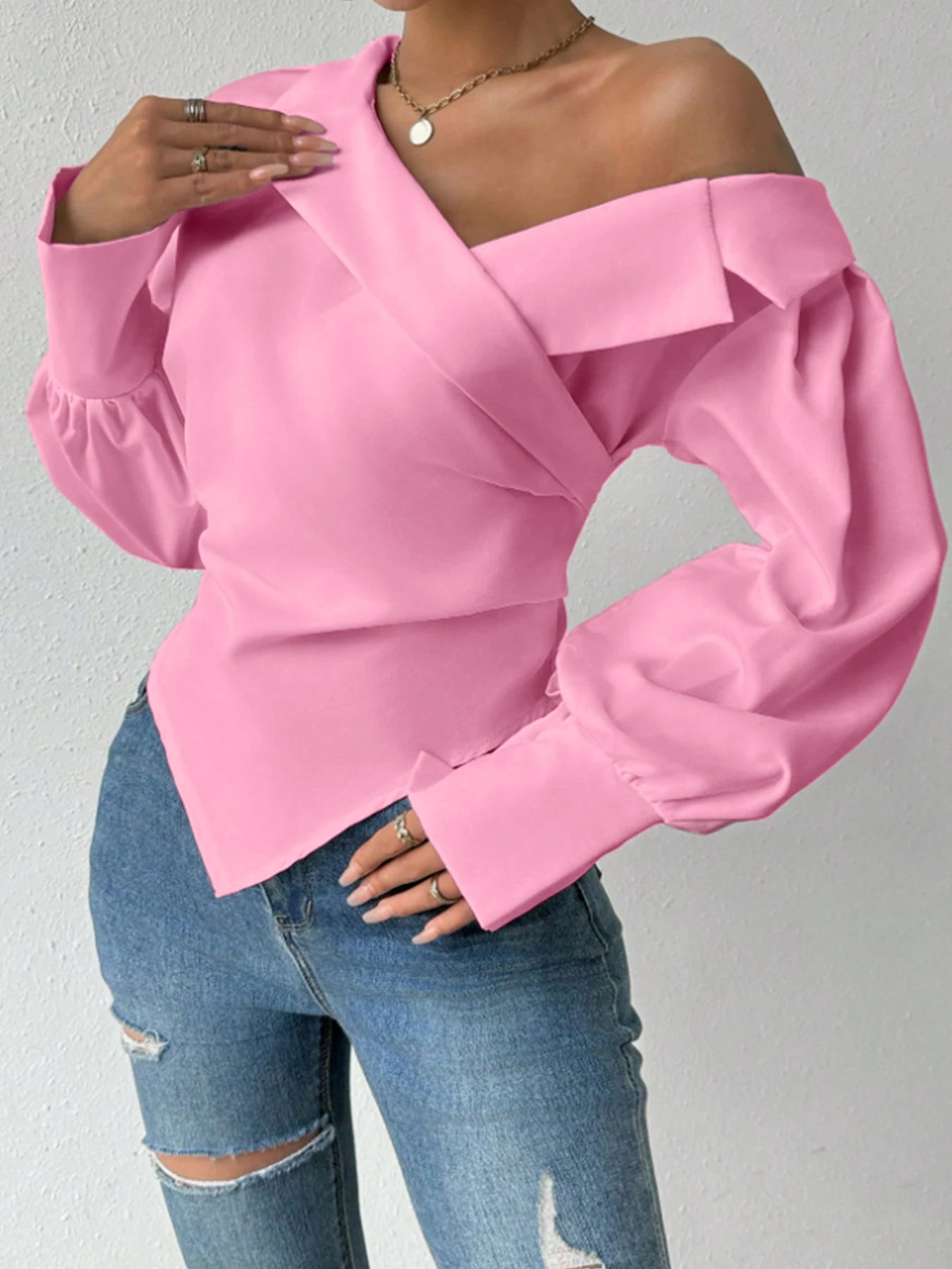 Women's T-Shirt Spring Summer Pink Off Shoulder Long Sleeve Cross Front Asymmetrical Hem Elegant Stylish Daily Casual Dating Top