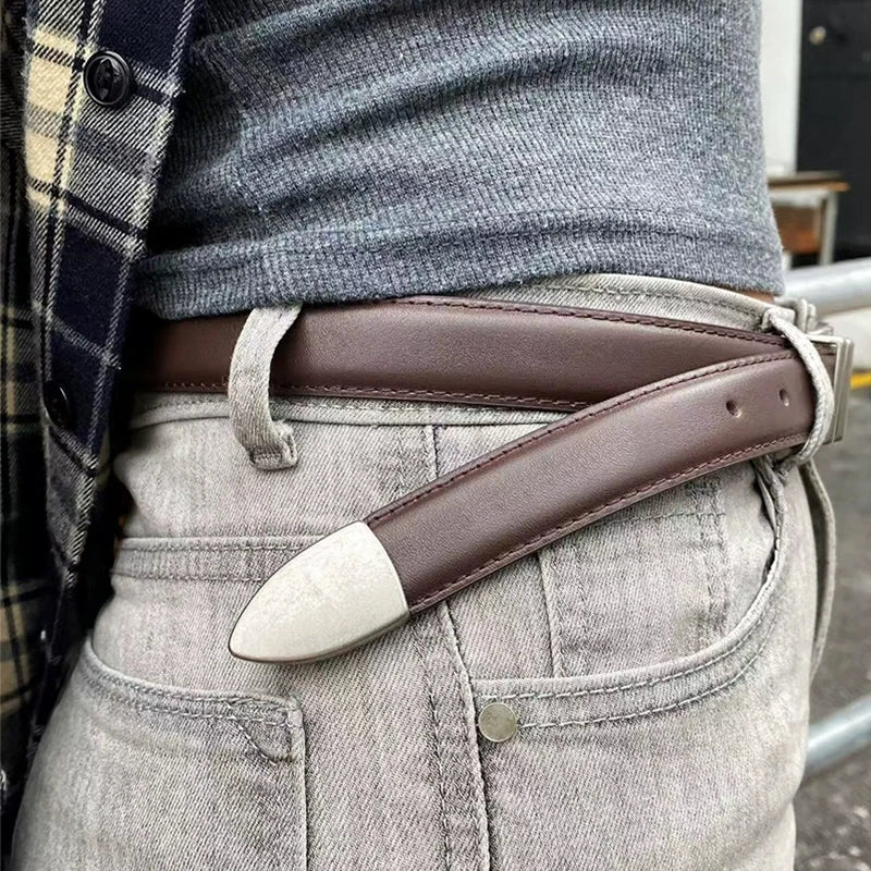 Unisex Vintage Belt Genuine Leather Cowskin Waistband Black with Silver Buckle for Men and Women Fashion Belt for Jeans Pants