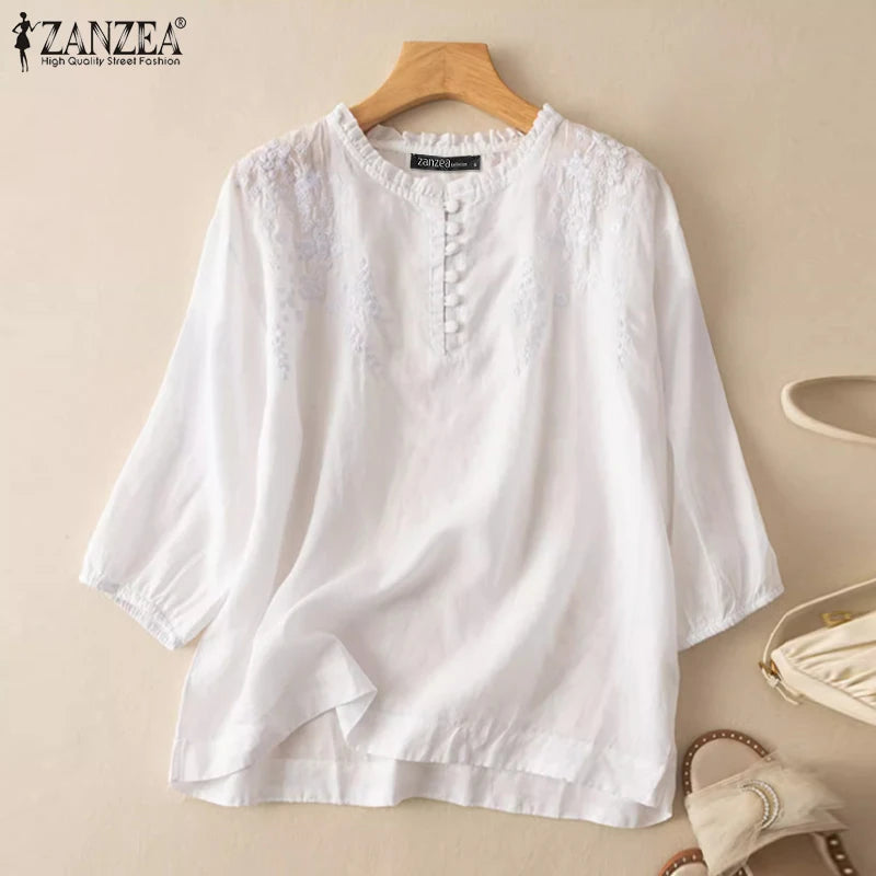 Summer Vintage Shirts Elegant OL Work Blouse Women 3/4 O Neck Sleeve Tops Embroidery Blusas Femme Causal Cotton Chemsie