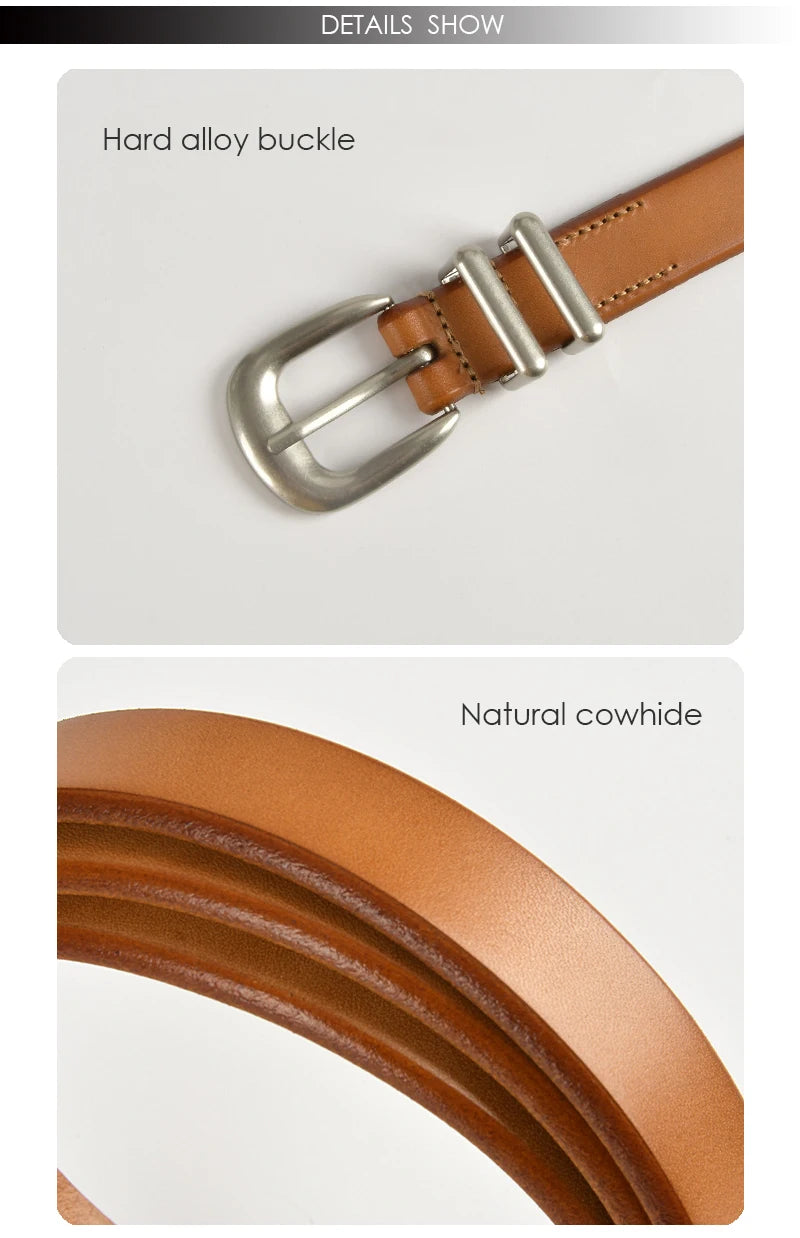 VATLTY 2.3cm Leather Belt for Women Zinc Alloy Silver Buckle Natural Cowhide Casual Belt Genuine Leather Thin Belt Female