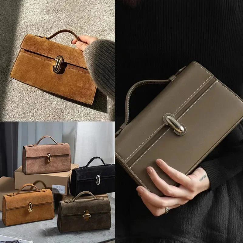 SAVETTE Symmetry Pochette Leather Tote Bag Women Top Handle Bags Genuine Leather Suede Solid Color Simple Handbag Square Bag