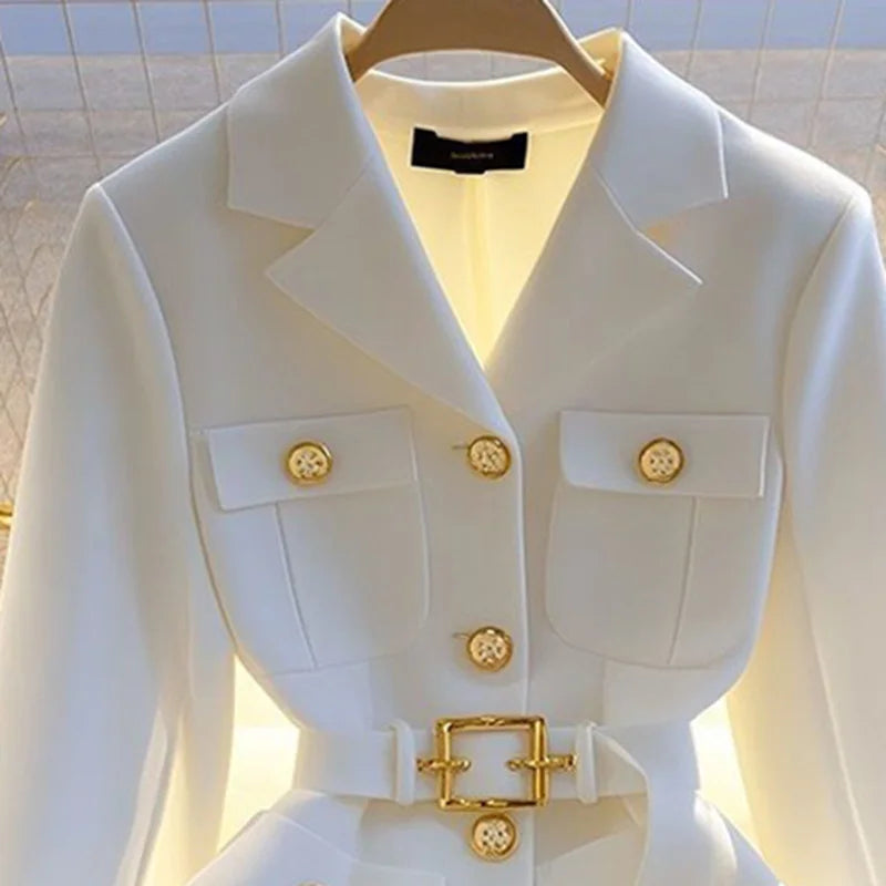 Women Blazer Coat New 2026 Autumn Long Sleeve Single Breasted Belt Pocket Elegant Office Ladies Suit Jacket Lady Outerwear Tops