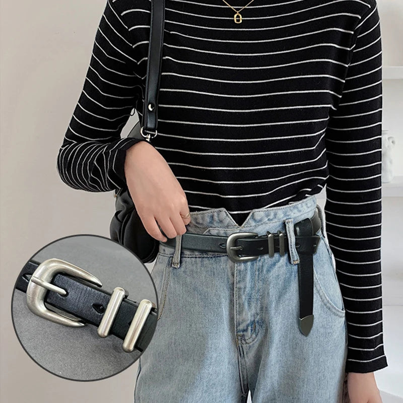 VATLTY 2.3cm Leather Belt for Women Zinc Alloy Silver Buckle Natural Cowhide Casual Belt Genuine Leather Thin Belt Female
